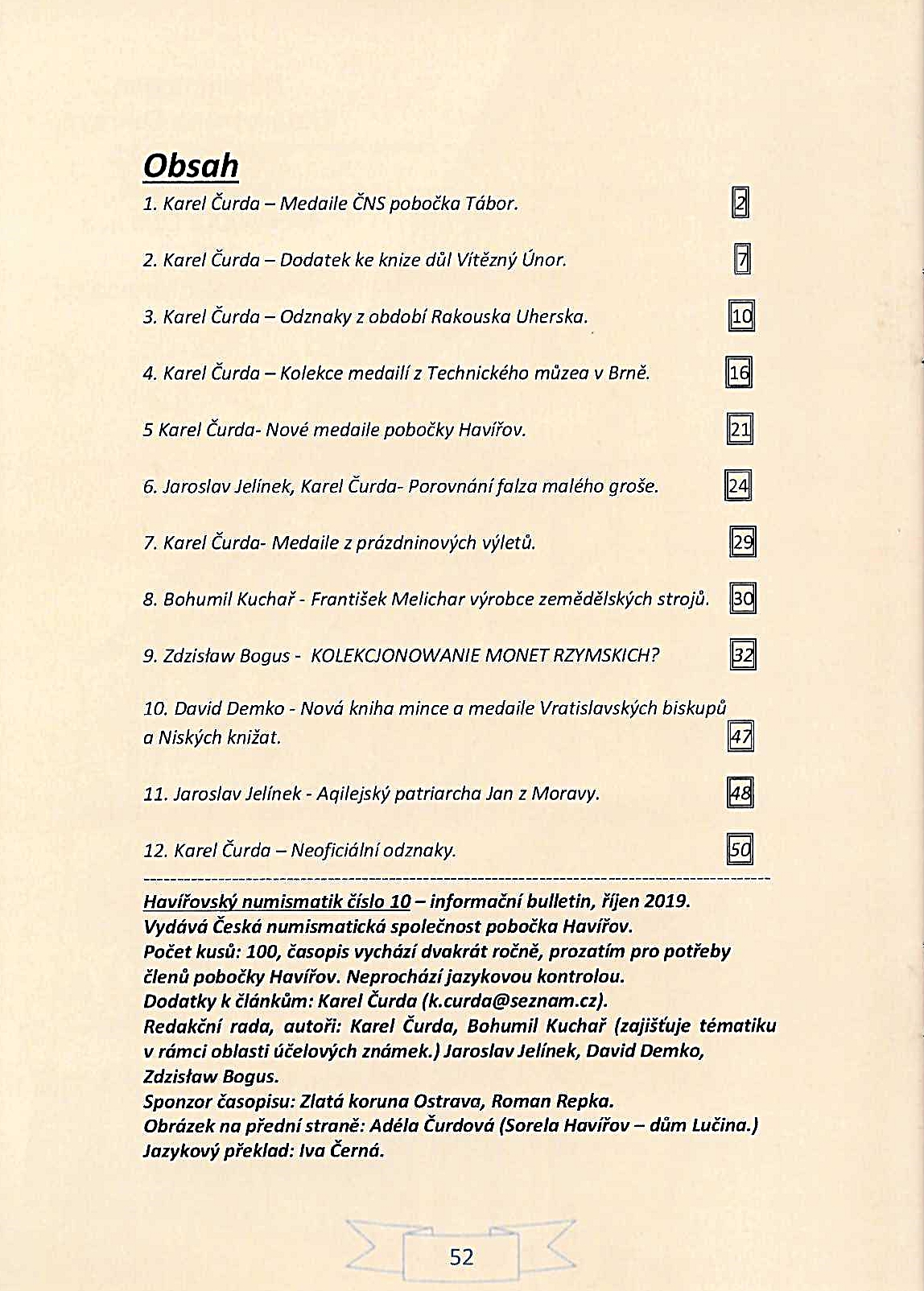 Obsah časopisu Havířovská numismatik 10